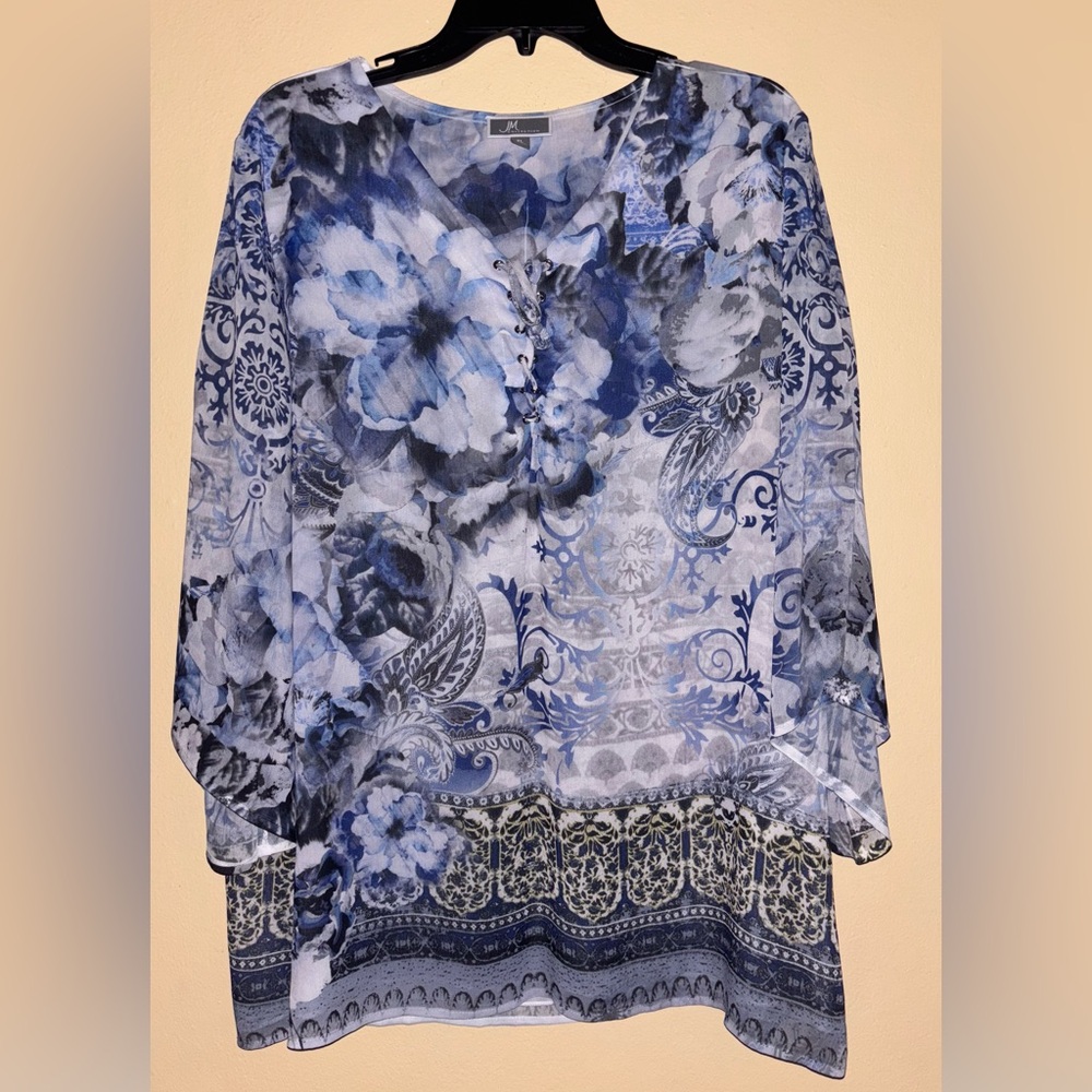 JM Collection Blue Floral Paisley Sheer Tunic Top Women’s Size XL